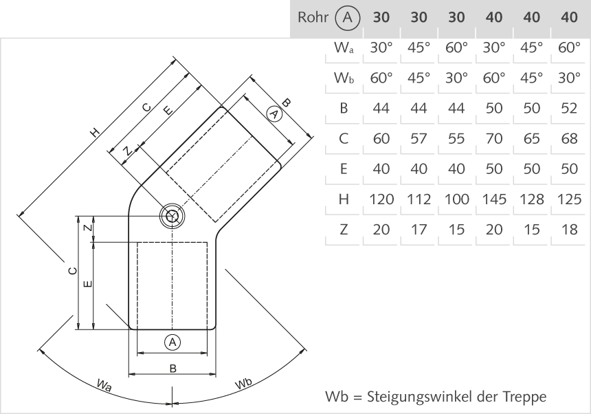Winkelstück Aluminium 30mm Wa 30°/Wb 60°/150°