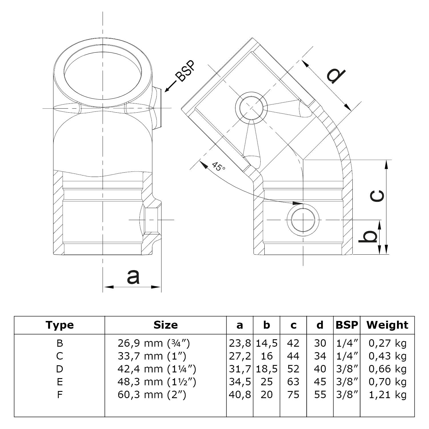 T-Stück, kurz 45° 33,7 mm (1”)