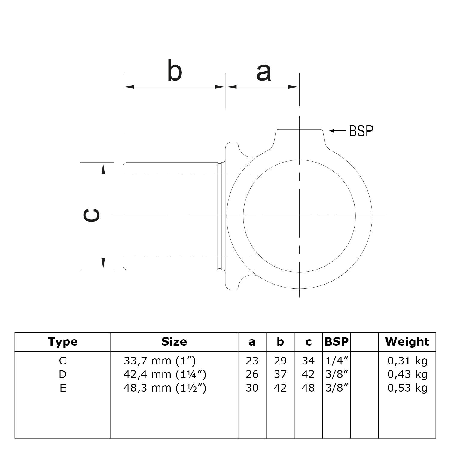 Innenseitig drehbares T-Stück 48,3 mm (1½”)