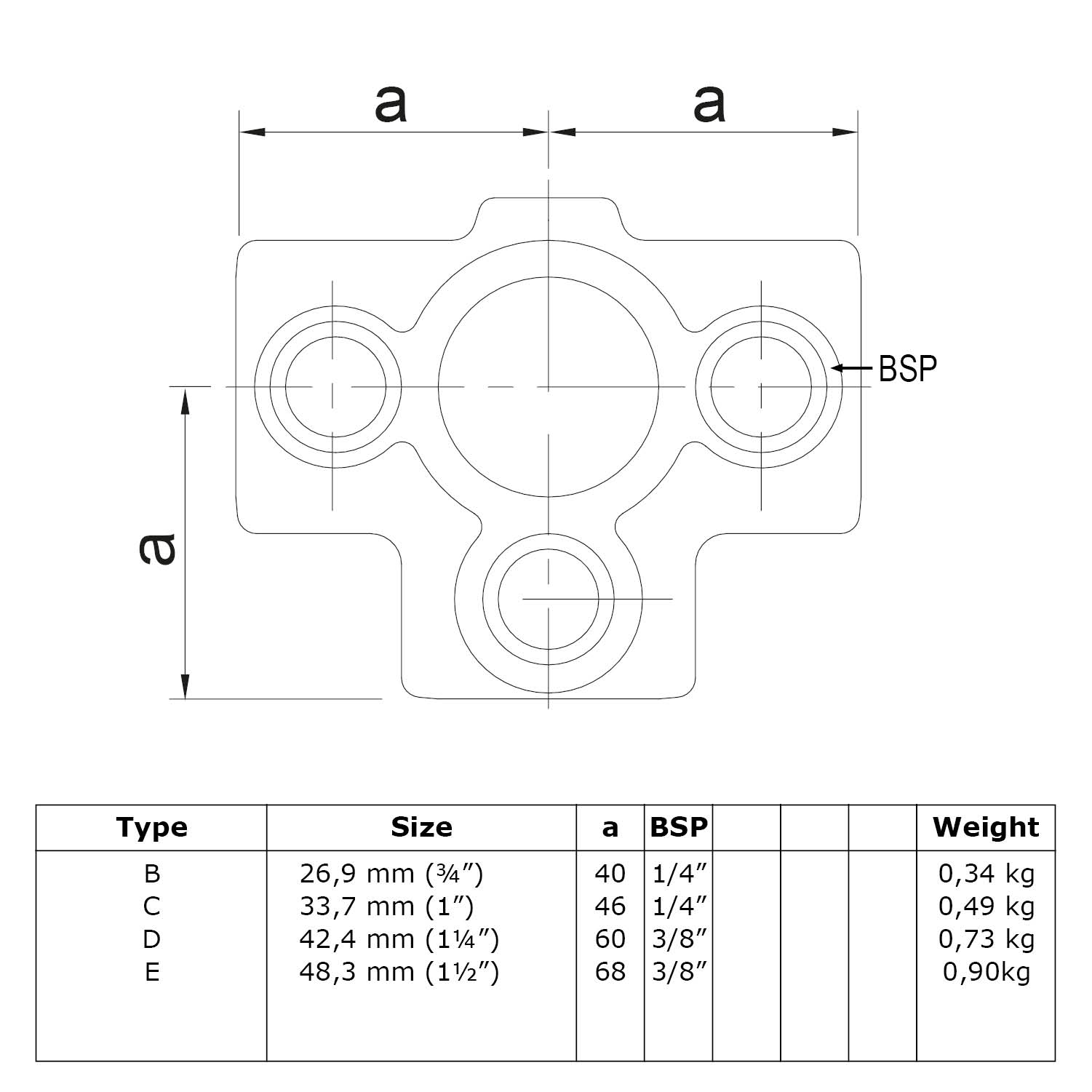 T-Stück für Stützrohr, schwarz 21.3 mm (1/2”)