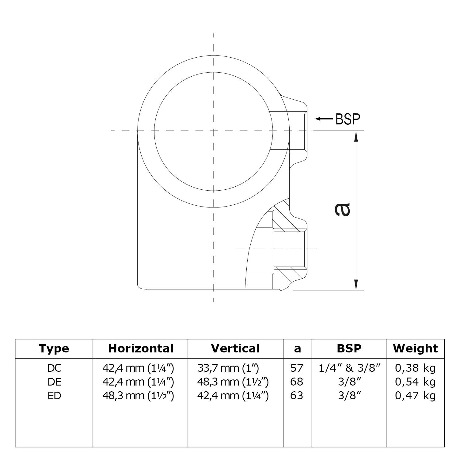 T-Stück kurz. Kombinationsmass Horizontal 42,4 mm (1¼”) - Vertikal 33,7 mm (1”)