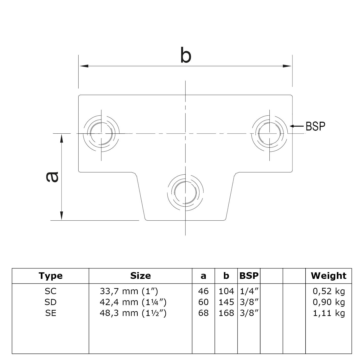  T-Stück, lang. Variabler Winkel 0° - 11° 48,3 mm (1½”)