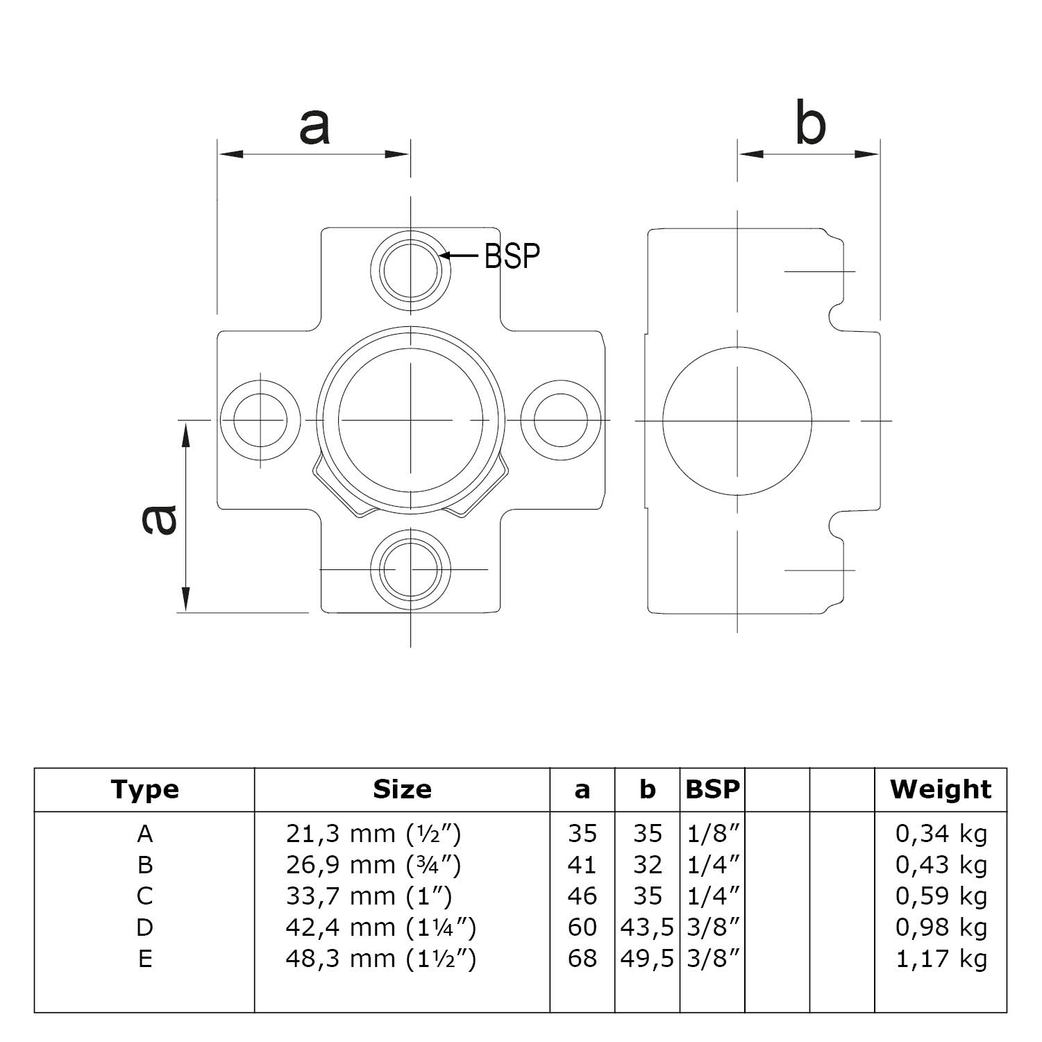 Kreuzstück für Stützrohr, 33,7 mm (1”)