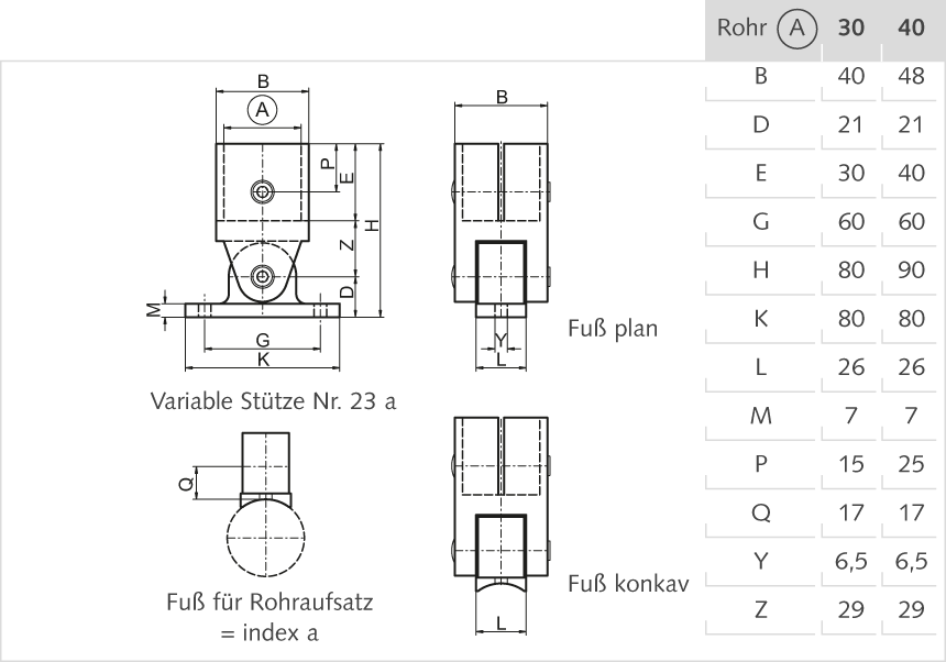 variable Stütze Aluminium 40mm, Fuss plan
