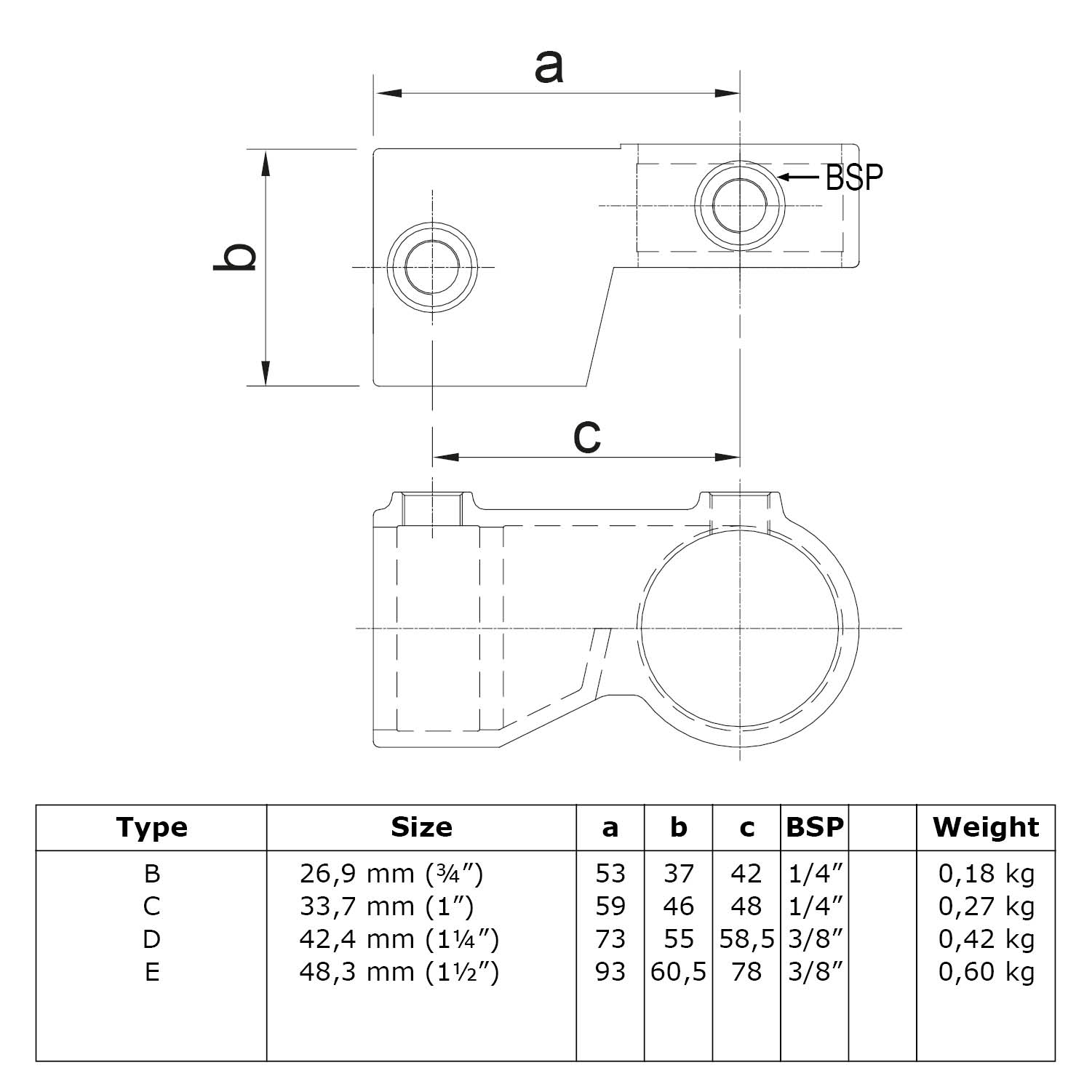 Winkelgelenk, verstellbar, schwarz 42,4 mm (1¼”)