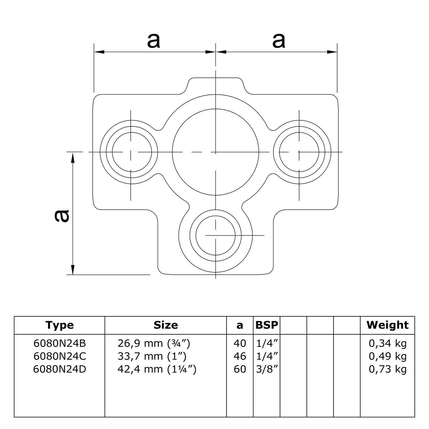 176-A T-Stück für Stützrohr - 26.9 mm (NAT.)